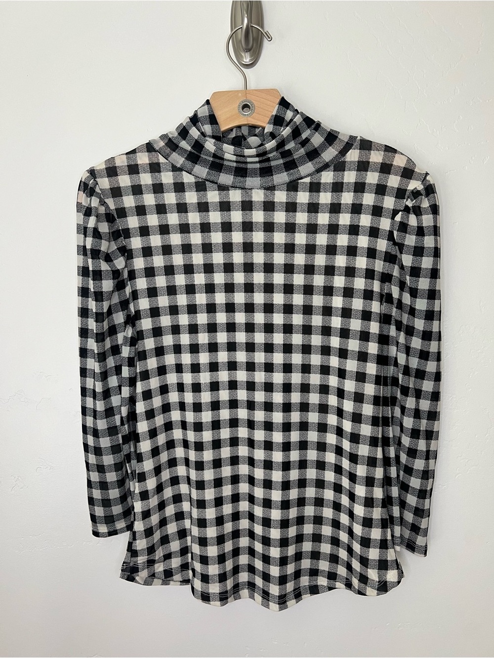 Free People Black & White Gingham Turtleneck Top